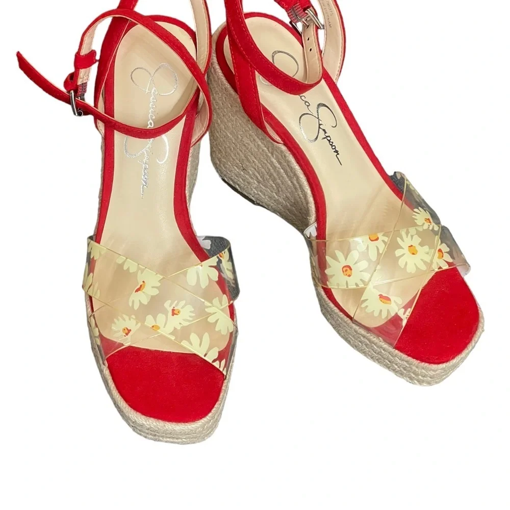 Jessica Simpson Semie Floral Jelly‎ Strap Espadrille Wedge Sandal Womens 7M Red